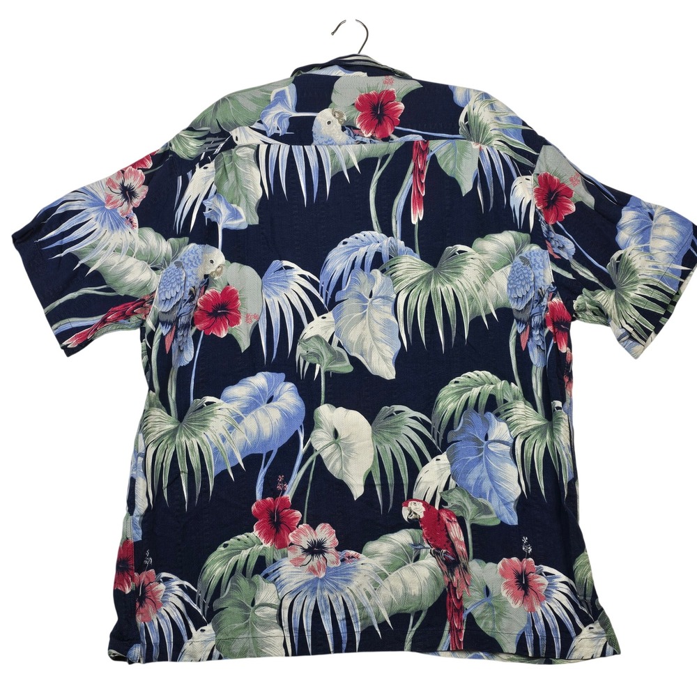 Caribbean Silk Blend Mens XL Navy Parrot Hibiscus Tropical Floral Camp Shirt - Picture 2 of 13